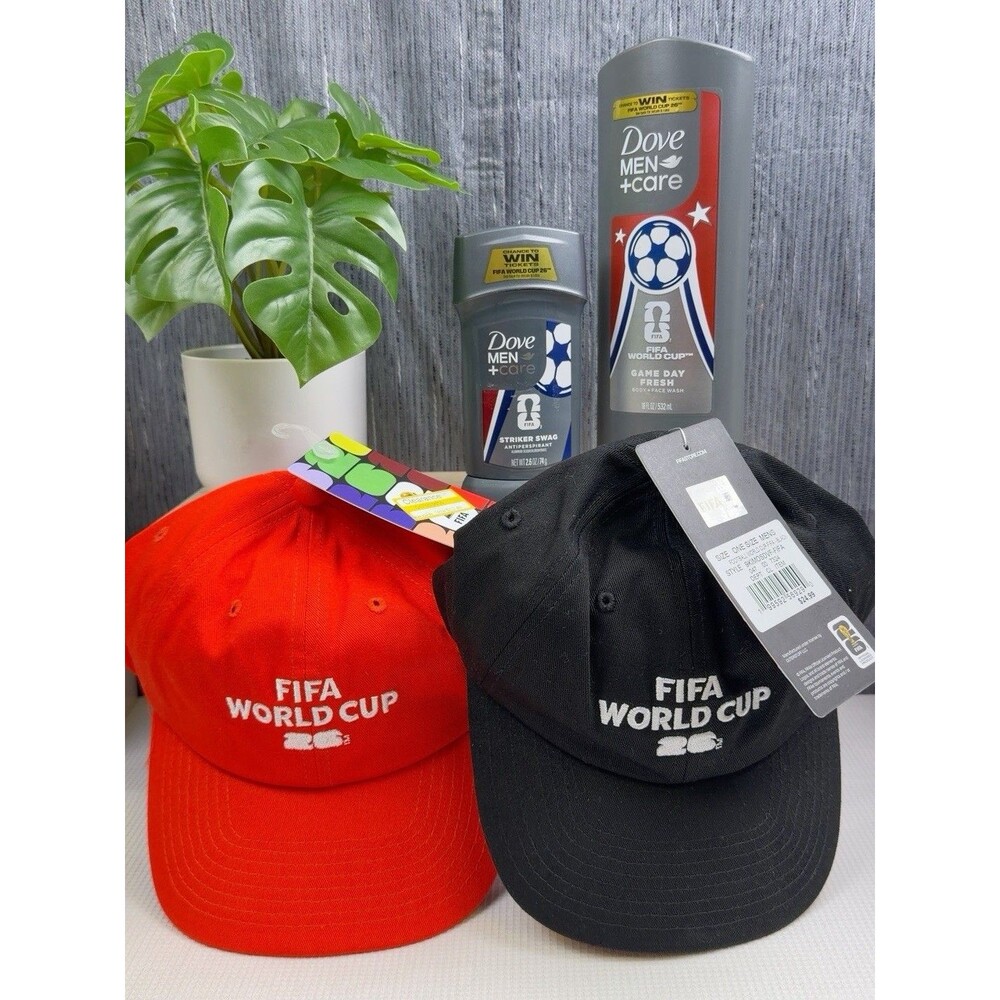 FIFA World Cup 2026 Bundle 2 Hats Black Red Dove Men+Care Body Wash Deodorant